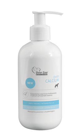 Over Calcium 250 ml – płynny suplement dla psów, kompleksowo uzupełnia niedobory wapnia i witamin D3, C, A, wspierając kości i rozwój.