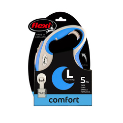 FLEXI Smycz automatyczna New Comfort L taśma 5m Niebieska - dla psów do 60kg, z Elastycznym Uchwytem i Komfortowym Hamulcem