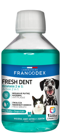 FRESH DENT Płyn Do Higieny Jamy Ustnej Dla Psów i Kotów 250 ml – Producent: Francodex | Usuwa Płytkę Nazębną i Odświeża Oddech | Wyciąg z Granatu