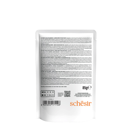 Schesir C&B Kot Pełnoporcjowa Karma Tuńczyk z Kurczakiem i Krewetkami w Galaretce dla Dorosłych Kotów 85g - Prawdziwe Filety Gotowane na Parze.