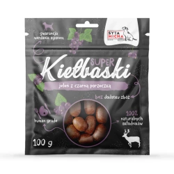 Syta Micha SUPER Kiełbaski 100% Naturalne Hipoalergiczne Suszone Przysmaki z Jelenia i Czarną Porzeczką dla Psów