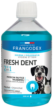 FRESH DENT Płyn Do Higieny Jamy Ustnej Dla Psów i Kotów 500 ml – Producent: Francodex | Usuwa Płytkę Nazębną i Odświeża Oddech | Wyciąg z Granatu