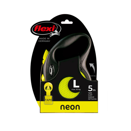 FLEXI Smycz automatyczna New Neon L taśma 5m – Zwiększone bezpieczeństwo dla psów do 50 kg w neonowym żółtym kolorze