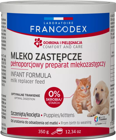 FRANCODEX Mleko w proszku dla Szczeniąt i Kociąt – Pełnoporcjowe, Lekkostrawne Zastępcze Mleko Bez Skrobi wspierające Zdrowy Rozwój 350g