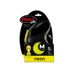 FLEXI Smycz Automatyczna New Neon M Taśma 5m – Zwiększona Widoczność dla Bezpiecznych Spacerów po Zmroku, Żółta dla Psów do 25 kg