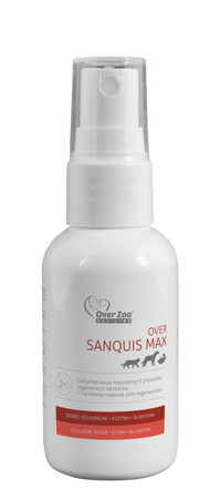 OVER Sanquis max spray – Zaawansowana regeneracja i ukojenie dla skóry z nanocząsteczkowym srebrem i alantoiną dla zwierząt.