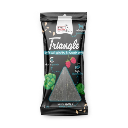 Syta Micha Trójkąt Rybny ze Spiruliną – Zdrowy i naturalny gryzak dla psa, bogaty w biotynę, cynk i mikroelementy, idealny dla zbilansowanej diety.