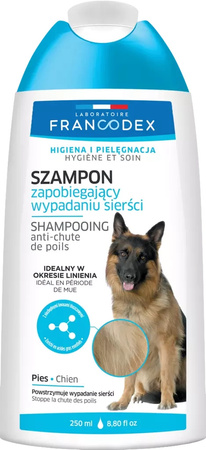 FRANCODEX Szampon dla psa Zapobiegający Wypadaniu Sierści z Maca i Ceramidami 250 ml – Skuteczna Pielęgnacja Linienia