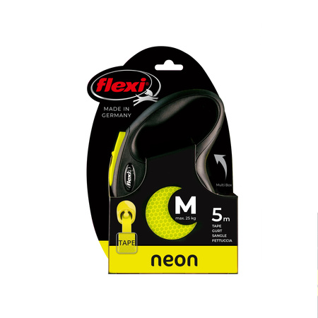 FLEXI Smycz Automatyczna New Neon M Taśma 5m – Zwiększona Widoczność dla Bezpiecznych Spacerów po Zmroku, Żółta dla Psów do 25 kg
