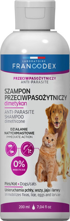 FRANCODEX Szampon Przeciwpasożytniczy z Dimetykonem – Bezpieczna Mechaniczna Ochrona dla Psów i Kotów, 200ml.