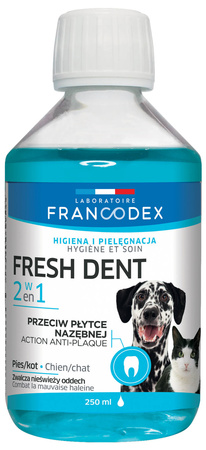 FRESH DENT Płyn Do Higieny Jamy Ustnej Dla Psów i Kotów 250 ml – Producent: Francodex | Usuwa Płytkę Nazębną i Odświeża Oddech | Wyciąg z Granatu