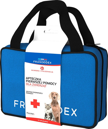 FRANCODEX Apteczka Pierwszej Pomocy dla Zwierząt – Kompletny, mobilny zestaw 21 elementów w kosmetyczce, idealny dla psów i kotów.