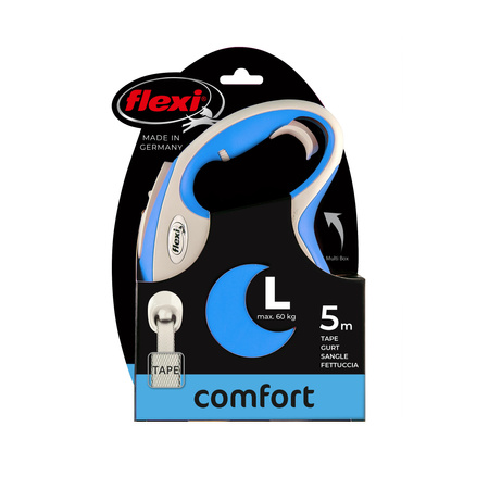 FLEXI Smycz automatyczna New Comfort L taśma 5m Niebieska - dla psów do 60kg, z Elastycznym Uchwytem i Komfortowym Hamulcem