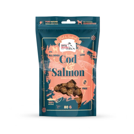 Syta Micha Przysmaki Fish & Seafood – 100% naturalne z dorsza i łososia, dla wszechstronnego wsparcia zdrowia psa.