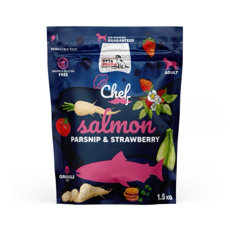 Syta Micha Karma sucha dla dorosłego psa - Bezzbożowa z 60% rybami, Omega-3, Łosoś, pasternak i truskawka.