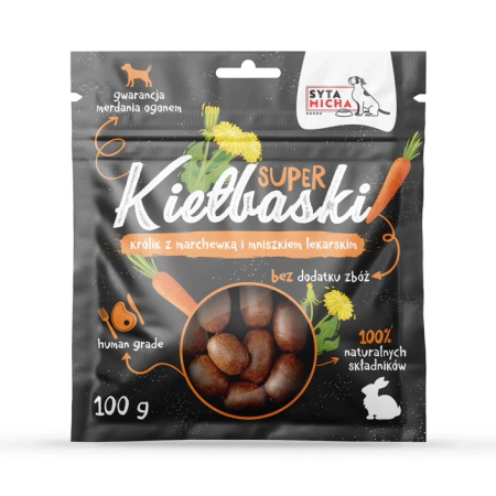 Syta Micha SUPER Kiełbaski Hipoalergiczne 100% Naturalne z Królika z Marchewką i Mniszkiem Lekarskim dla Psa