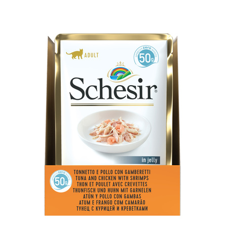 Schesir Saszetka Tuńczyk, Kurczak, Krewetki w delikatnej galaretce – 100% Naturalne Składniki, idealna dla kotów w każdym wieku 50g