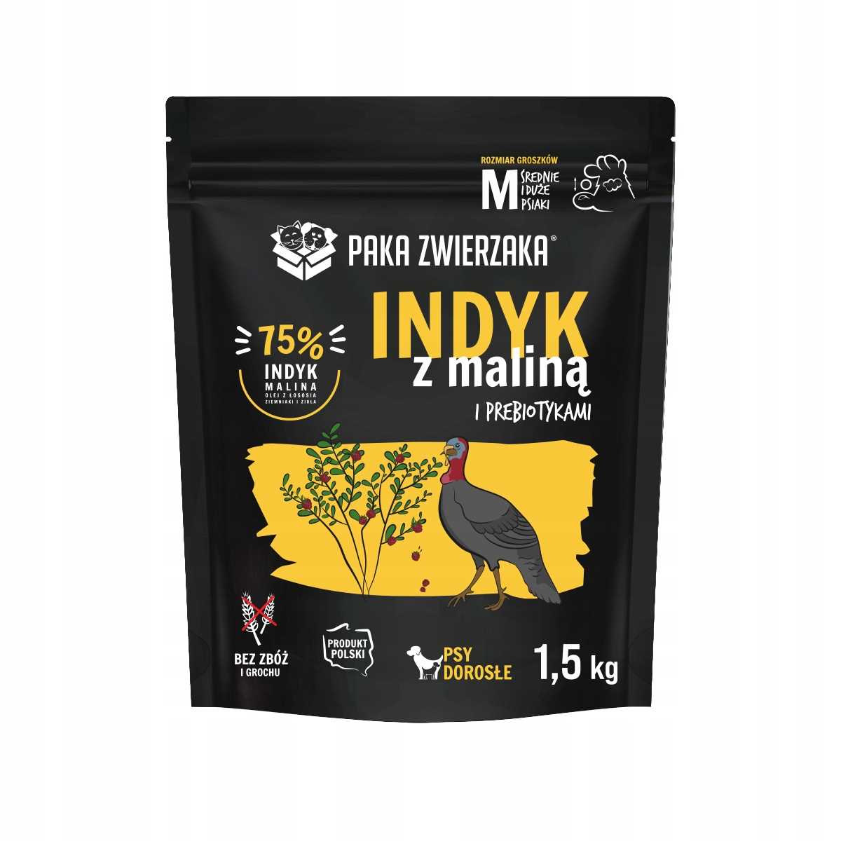 Karma Dla Psa "Indyk i Malina" Groszki M 1,5kg - Producent: Paka Zwierzaka | Hipoalergiczna | 75% Mięsa, Oleju i Ziół | Bez Zbóż