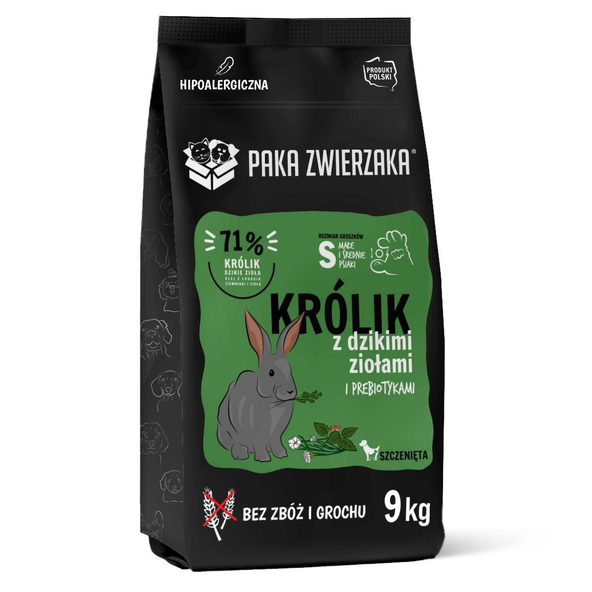 Karma Dla Szczeniąt "Królik i Dzikie Zioła" Groszki S 9kg - Producent: Paka Zwierzaka | 71% Mięsa, Oleju i Ziół | Bez Zbóż | Hipoalergiczna