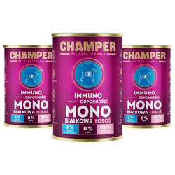 Zestaw 3 x Champer Pet Care Formula - Karma dla Psów z Łososiem 400g | Monobiałkowa, Bez Zbóż, Wzmacniająca OdpornośćOpis SEO: Champer Pet Care Formula to wysokomięsna karma dla psów z 96% ry