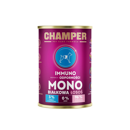  Champer Pet Care Formula - Karma dla Psów z Łososiem 400g | Monobiałkowa, Bez Zbóż, Wzmacniająca OdpornośćOpis SEO: Champer Pet Care Formula to wysokomięsna karma dla psów z 96% ry