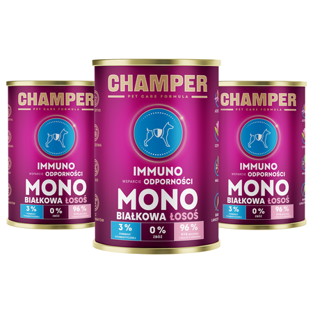  Zestaw 3 x Champer Pet Care Formula - Karma dla Psów z Łososiem 400g | Monobiałkowa, Bez Zbóż, Wzmacniająca OdpornośćOpis SEO: Champer Pet Care Formula to wysokomięsna karma dla psów z 96% ry