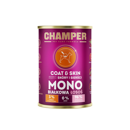 Champer Pet Care Formula 400g - Monobiałkowa Karma dla Psów z Łososiem, Bez Zbóż, Wspiera Skórę i Sierść, Fitobiotyki