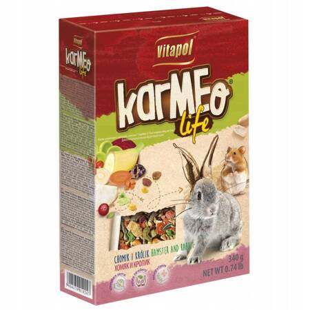 KARMEO LIFE OWOCOWO - WARZYWNY DLA CHOMIKA I KRÓLIKA 340g - Producent: Vitapol | Z dodatkiem owoców, warzyw | Uzupełnia karmę podstawową | Opakowanie 340 g