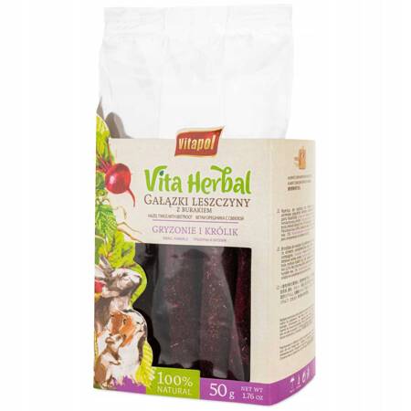 Vita Herbal dla gryzoni i królika - gałązki leszczyny z burakiem, 50 g, 4szt/disp - Producent: Vitapol | Przysmak w 100% naturalny | Młode pędy leszczyny | Opakowanie 50g