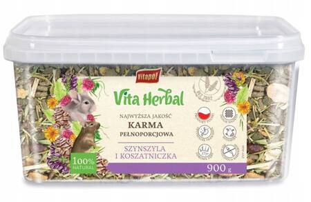 Vita Herbal karma pełnoporcjowa dla dla szynszyli i koszatniczki, wiaderko, 900g - Producent: Vitapol | 100% naturalna | Źródło witamin | Polski produkt | W wiaderku 900 g