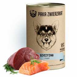 Zestaw 12 x Karma Mokra Dla Psa "Dziczyzna z Łososiem" 400g – Producent: Paka Zwierzaka | 98,4% Mięsa Dzika i Łososia | Bogata w Omega 3 | 100% Naturalna