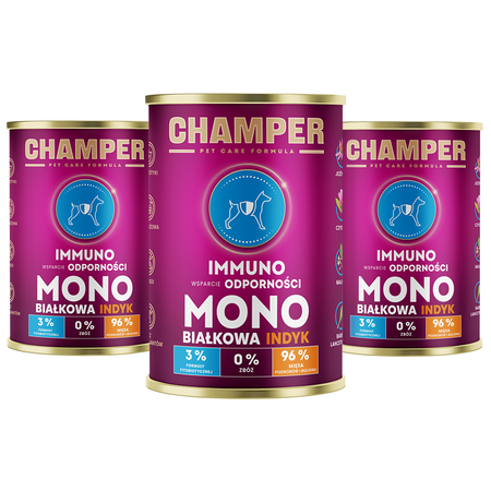 Zestaw 3 x  Champer Pet Care Formula Indyk 400g - Monobiałkowa Karma dla Psów Bez Zbóż z FitobiotykamiSEO uwzględnione w tytule:- Marka: Champer- Słowa kluczowe: Pet Care Formula, Indyk, 4